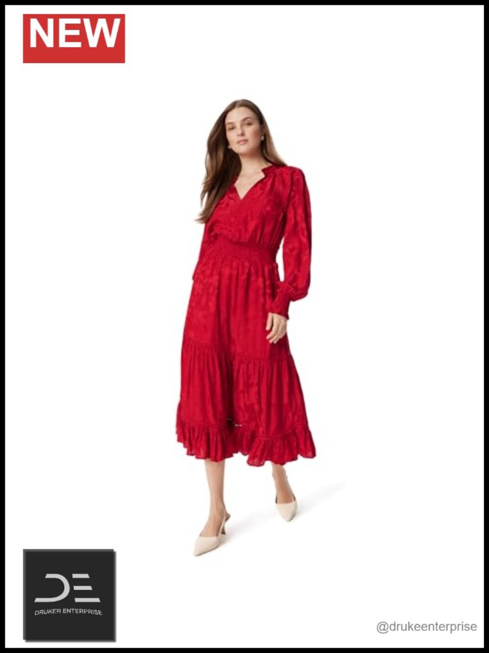 Long Sleeve Midi Dress Fit & Flare Slit Neck Ruffle Trim Smock Waist Semi Formal